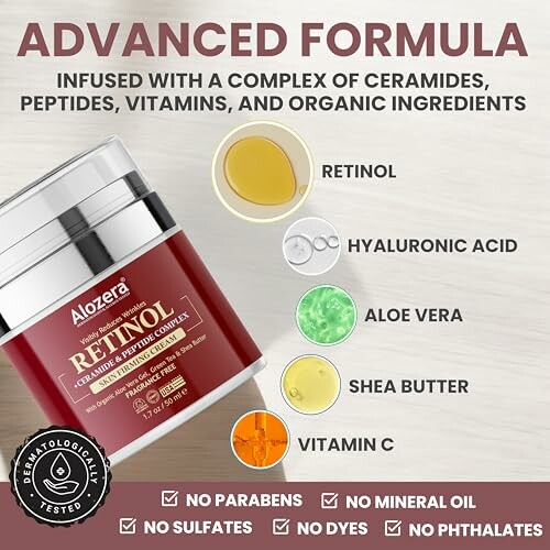 Advanced formula with retinol, hyaluronic acid, aloe vera, shea butter, and vitamin C.