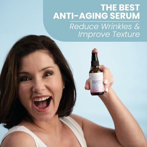 Excited woman holding a bottle of anti-aging serum