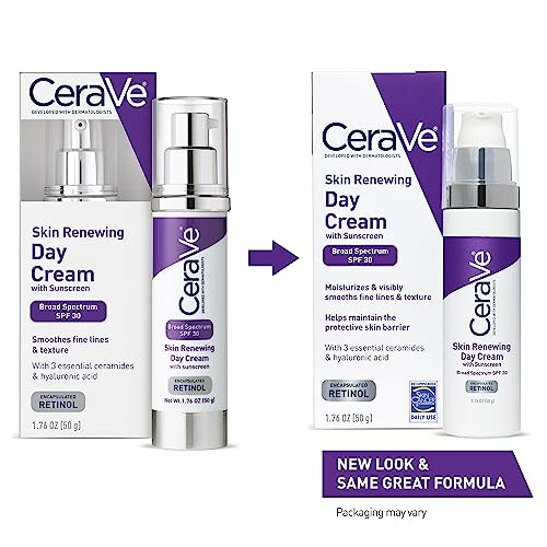 CeraVe Skin Renewing Day Cream with sunscreen and new packaging.