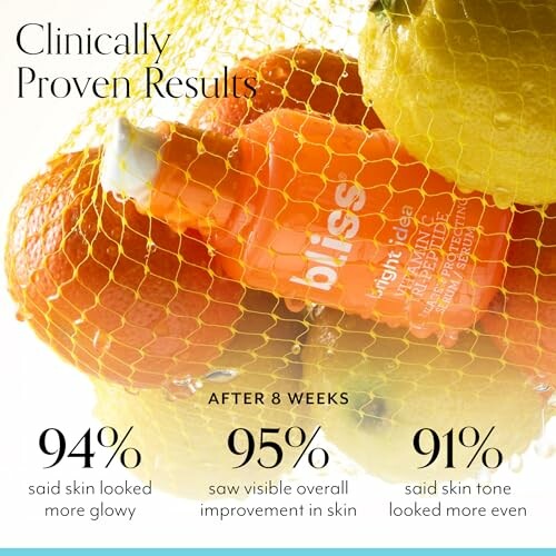 Bliss skincare product with citrus fruits in netting.