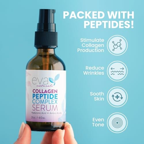Collagen peptide serum bottle with benefits listed.