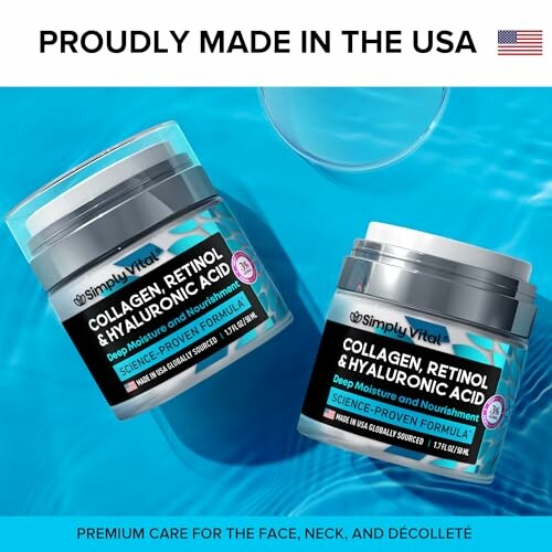Collagen, Retinol & Hyaluronic Acid Cream jars on blue background.