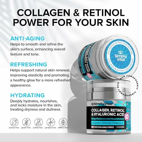 Collagen and retinol skincare products with benefits listed.