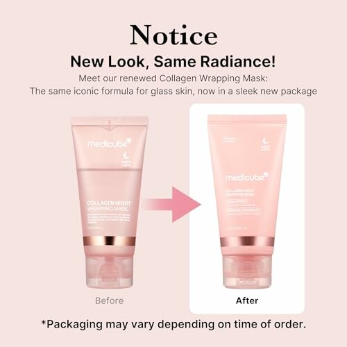 Advertisement for renewed Collagen Wrapping Mask with new packaging.