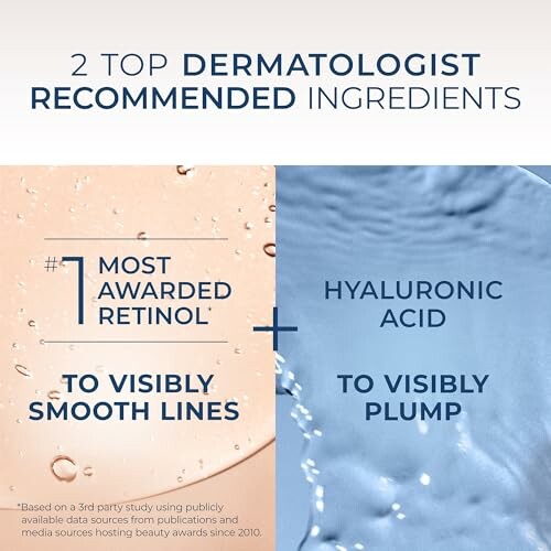 Infographic of dermatologist recommended ingredients: retinol to smooth lines and hyaluronic acid to plump.
