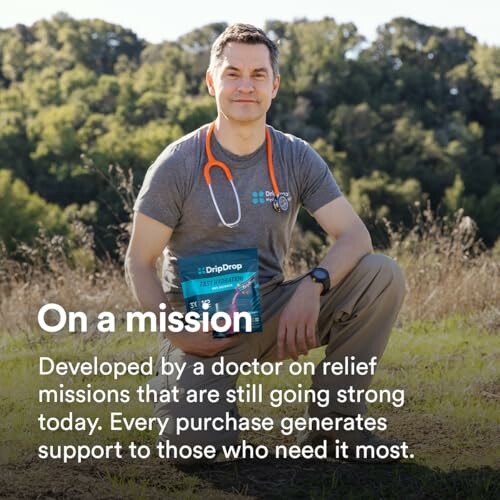 Doctor outdoors with relief mission product