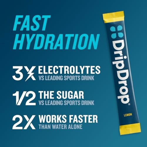 DripDrop hydration powder packaging with benefits listed