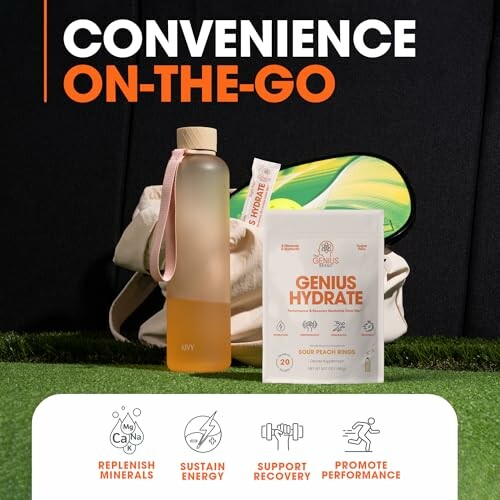 Genius Hydrate supplement with bottle and gym bag.
