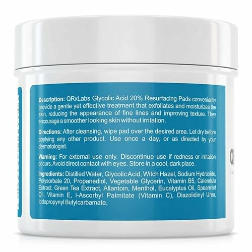 Container of QRxLabs Glycolic Acid 20% Resurfacing Pads