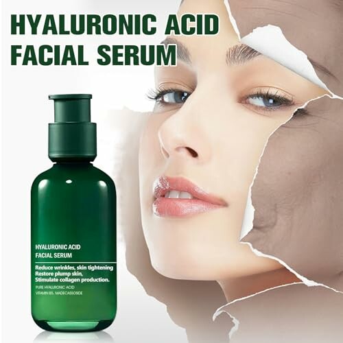 Hyaluronic acid facial serum bottle with a woman's face in the background.