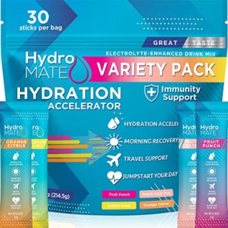 HydroMate hydration accelerator variety pack with electrolyte-enhanced drink mix.