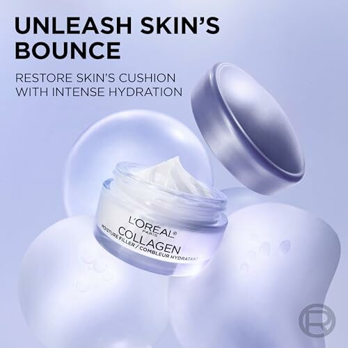 L'Oreal Collagen Moisture Filler cream with lid in a promotional image.