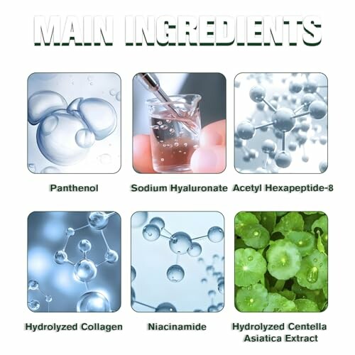 Image showing main ingredients: Panthenol, Sodium Hyaluronate, Acetyl Hexapeptide-8, Hydrolyzed Collagen, Niacinamide, Hydrolyzed Centella Asiatica Extract.