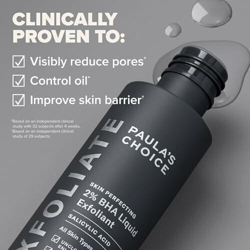 Paula's Choice 2% BHA Liquid Exfoliant bottle with benefits listed.