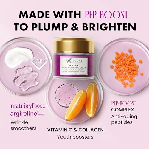 Skincare products with pep-boost for plump and bright skin.