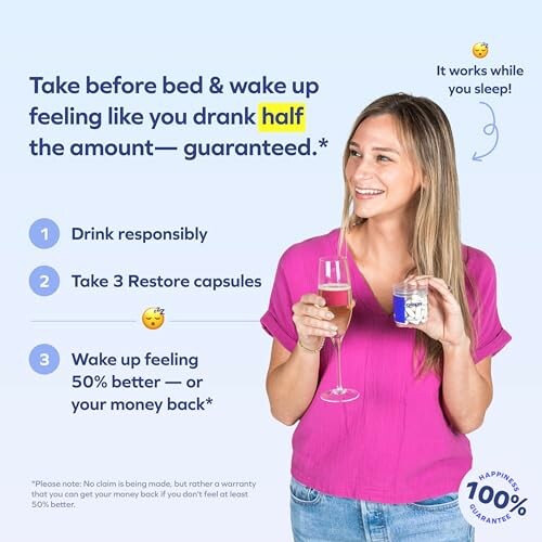 Woman holding drink and capsules, Restore product promotion.