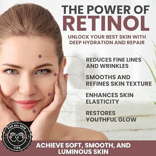 Woman smiling with retinol skincare benefits listed.