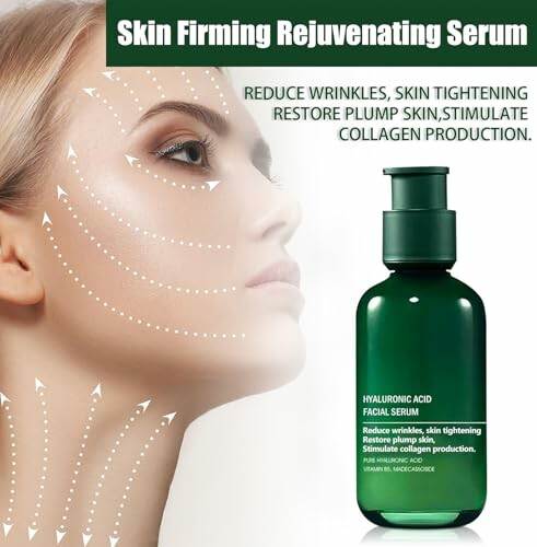 Woman using skin firming rejuvenating serum with hyaluronic acid.