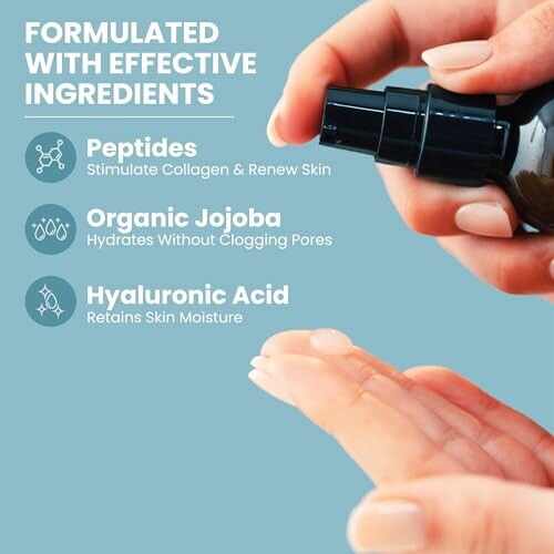 Skincare product highlighting peptides, organic jojoba, and hyaluronic acid.