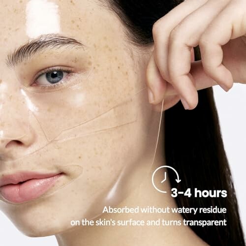 Person applying a clear hydrogel mask showing transparency after 3-4 hours