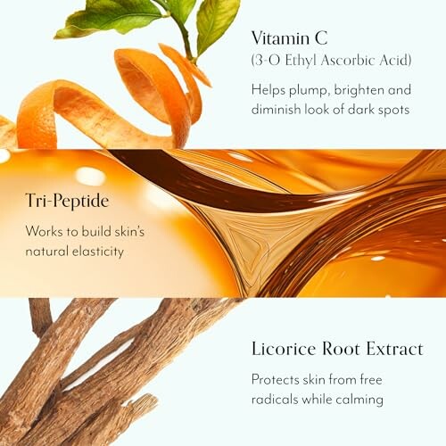Image detailing benefits of Vitamin C, Tri-Peptide, and Licorice Root Extract in skincare.