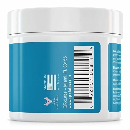 Back view of a skincare product jar with a blue label and barcode.