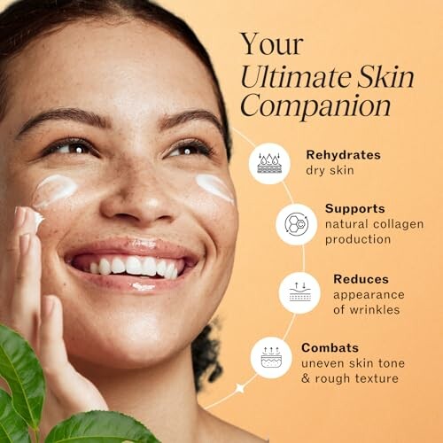 Smiling woman applying skincare with benefits listed: rehydrates, supports collagen, reduces wrinkles, combats uneven skin.